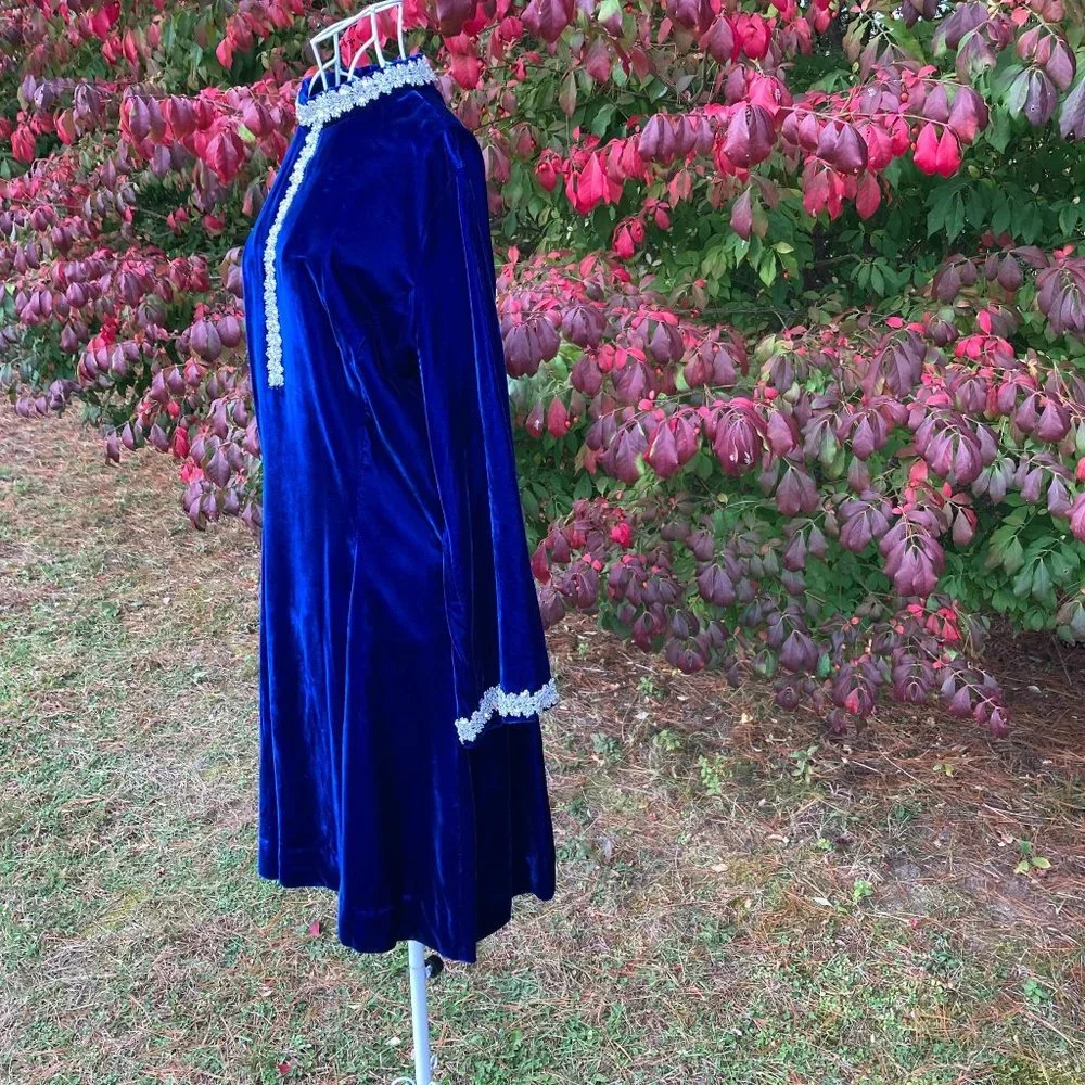 vintage 70s dress 1970s long sleeve velvet deep blue rhinestone glitter | S-M | - Picture 4 of 9